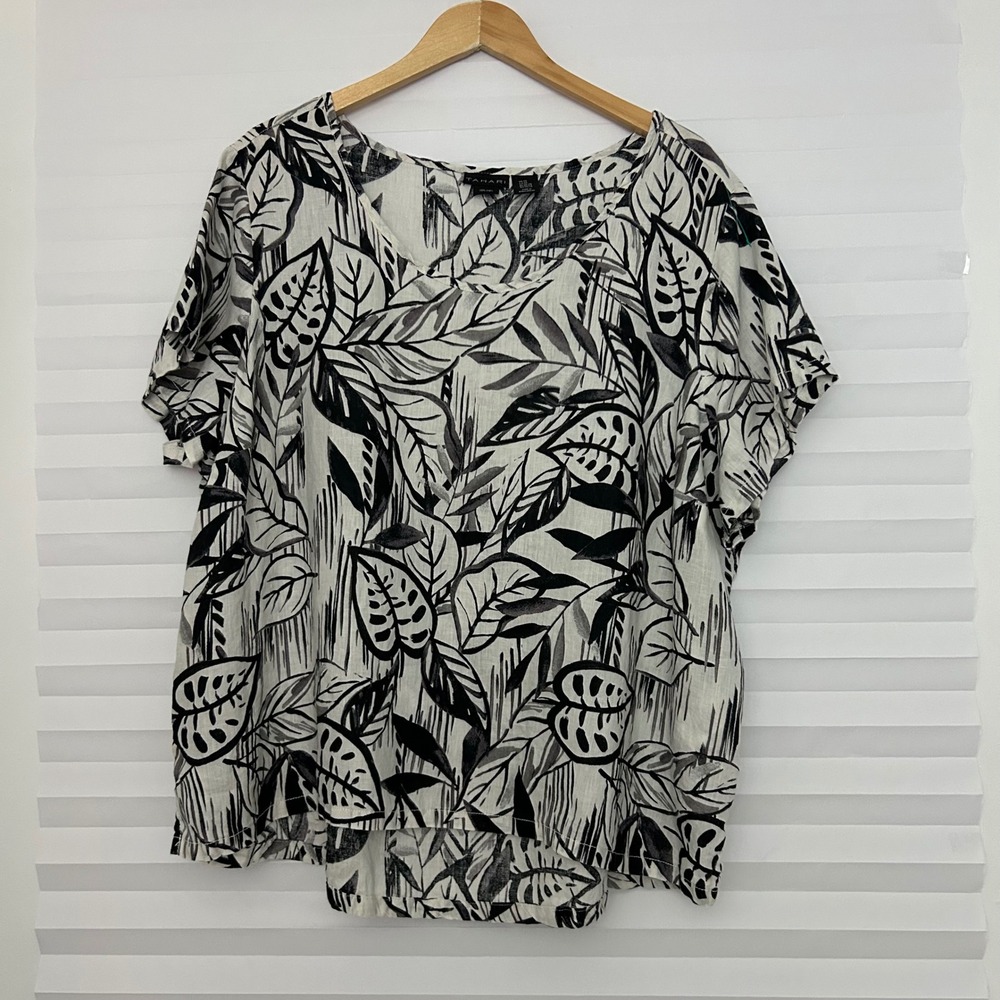 Tahari Womens 3X Linen Coastal Top Black White Tropical Leaf Print Short Sleeve